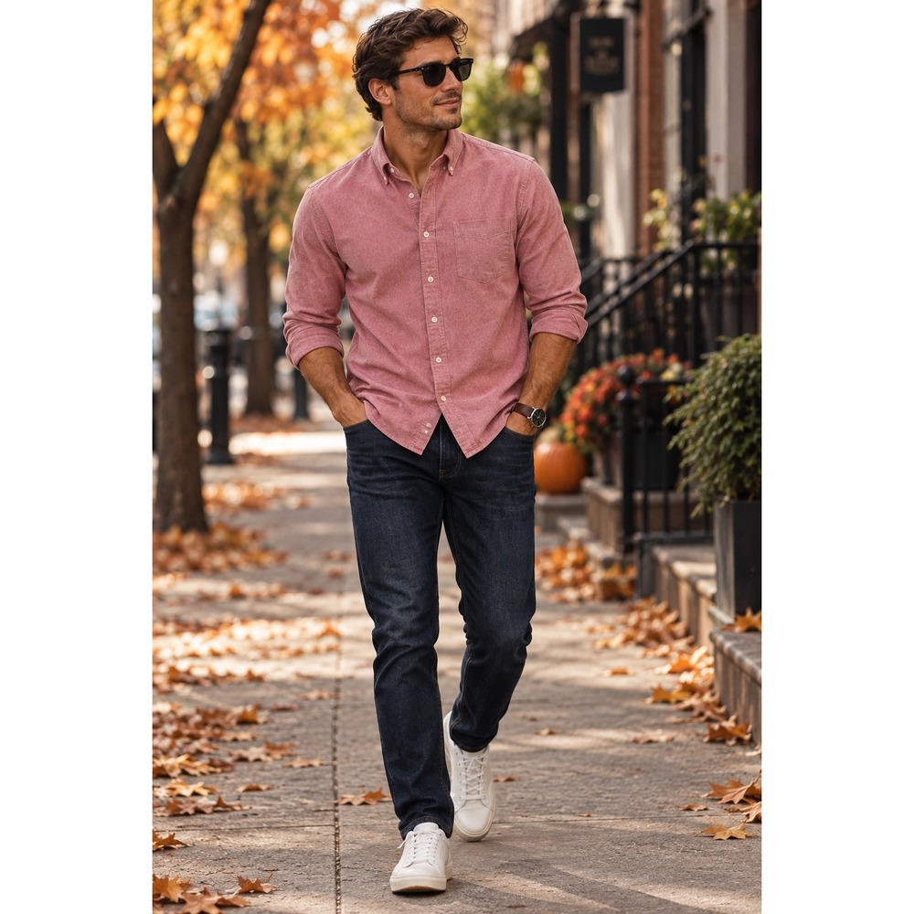 American Eagle Mens Seriously Soft Slim Fit Oxford Shirt Red Pink Large L